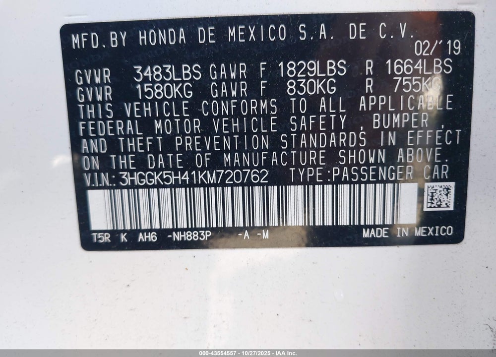 2019 HONDA FIT LX VIN: 3HGGK5H41KM720762