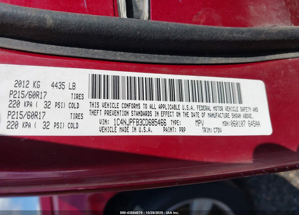 2012 JEEP PATRIOT LATITUDE VIN: 1C4NJPFB3CD685466