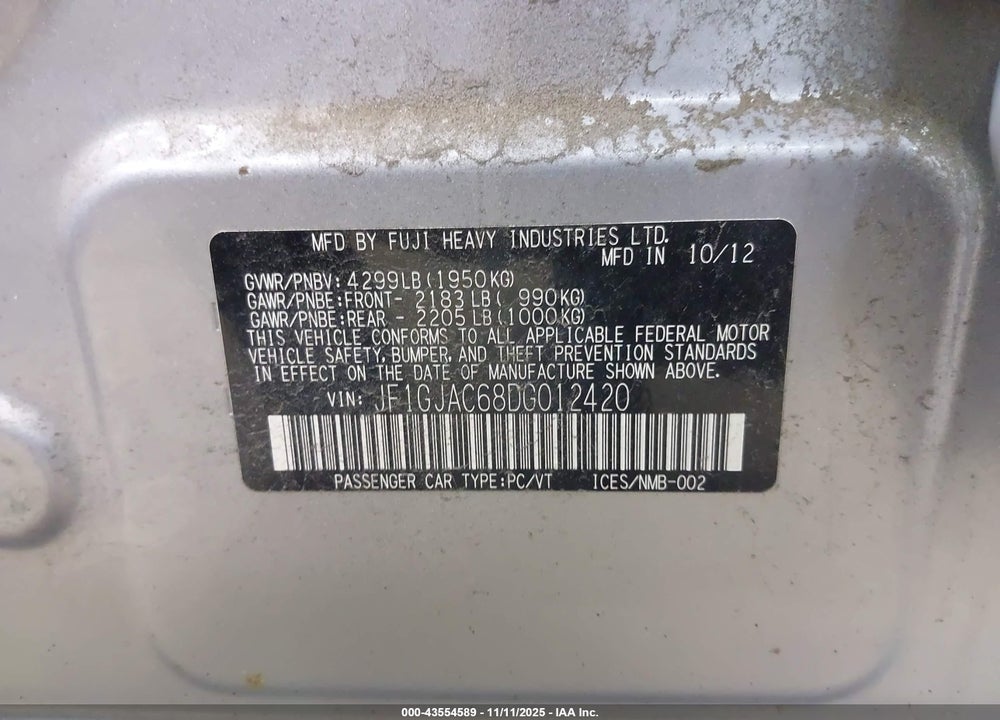 2013 SUBARU IMPREZA 2.0I PREMIUM VIN: JF1GJAC68DG012420