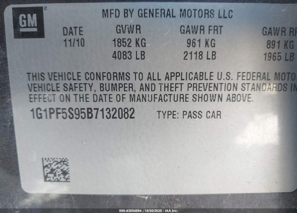 2011 CHEVROLET CRUZE 1LT VIN: 1G1PF5S95B7132082