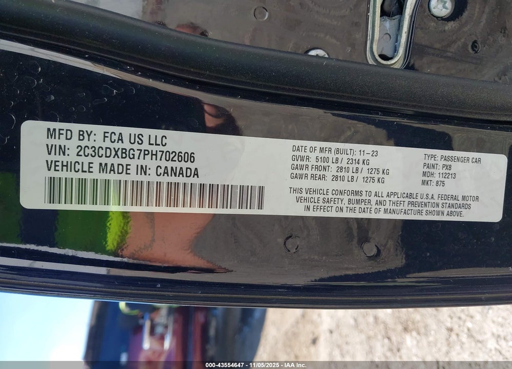 2023 DODGE CHARGER SXT VIN: 2C3CDXBG7PH702606