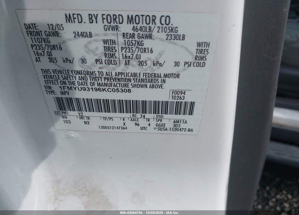 2006 FORD ESCAPE XLT/XLT SPORT VIN: 1FMYU93196KC05308
