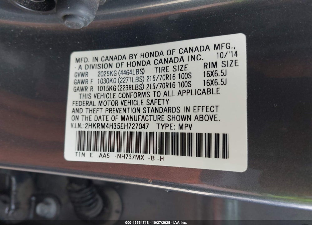 2014 HONDA CR-V VIN: 2HKRM4H35EH727047