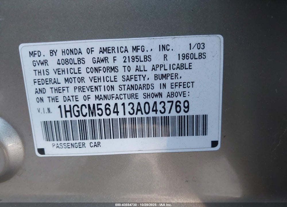 2003 HONDA ACCORD 2.4 LX VIN: 1HGCM56413A043769