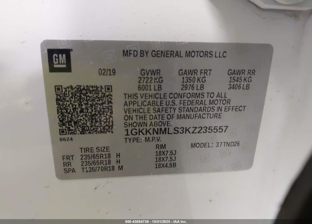 2019 GMC ACADIA SLT-1 VIN: 1GKKNMLS3KZ235557
