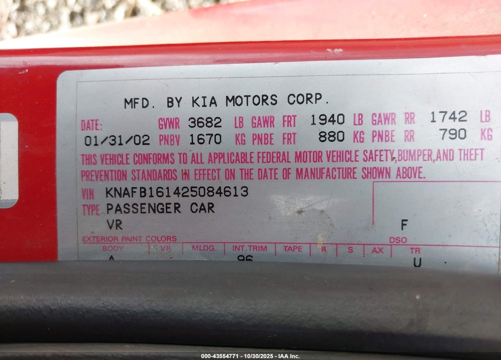 2002 KIA SPECTRA GS/GSX VIN: KNAFB161425084613