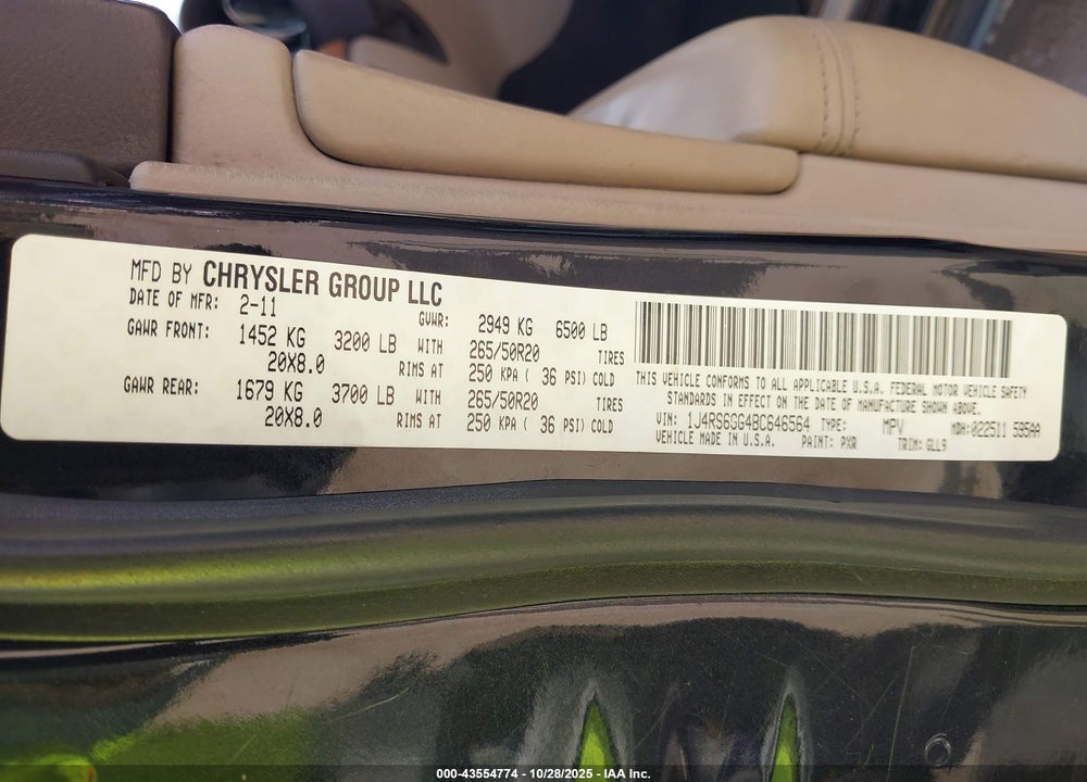 2011 JEEP GRAND CHEROKEE OVERLAND VIN: 1J4RS6GG4BC646564