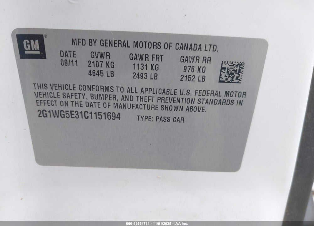 2012 CHEVROLET IMPALA VIN: 2G1WG5E31C1151694