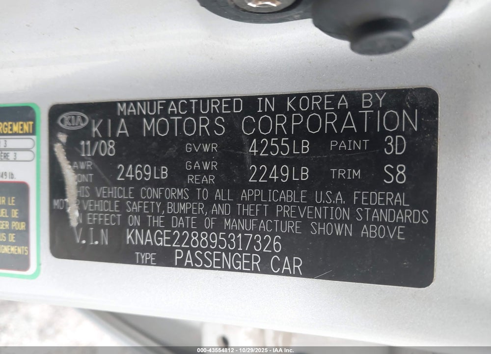 2009 KIA OPTIMA LX VIN: KNAGE228895317326