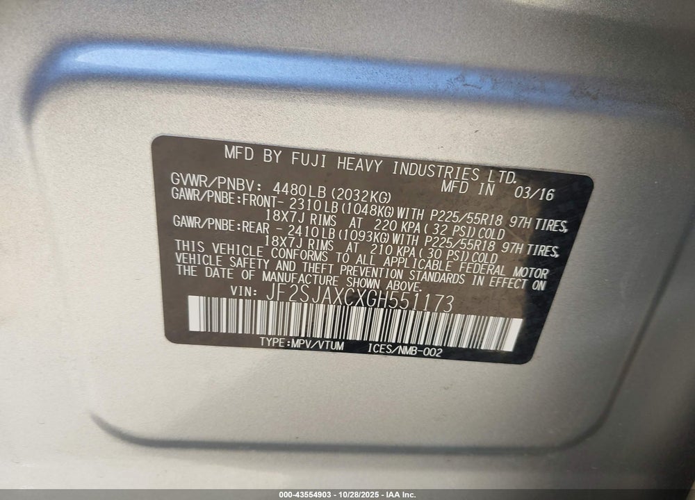 2016 SUBARU FORESTER VIN: JF2SJAXCXGH551173