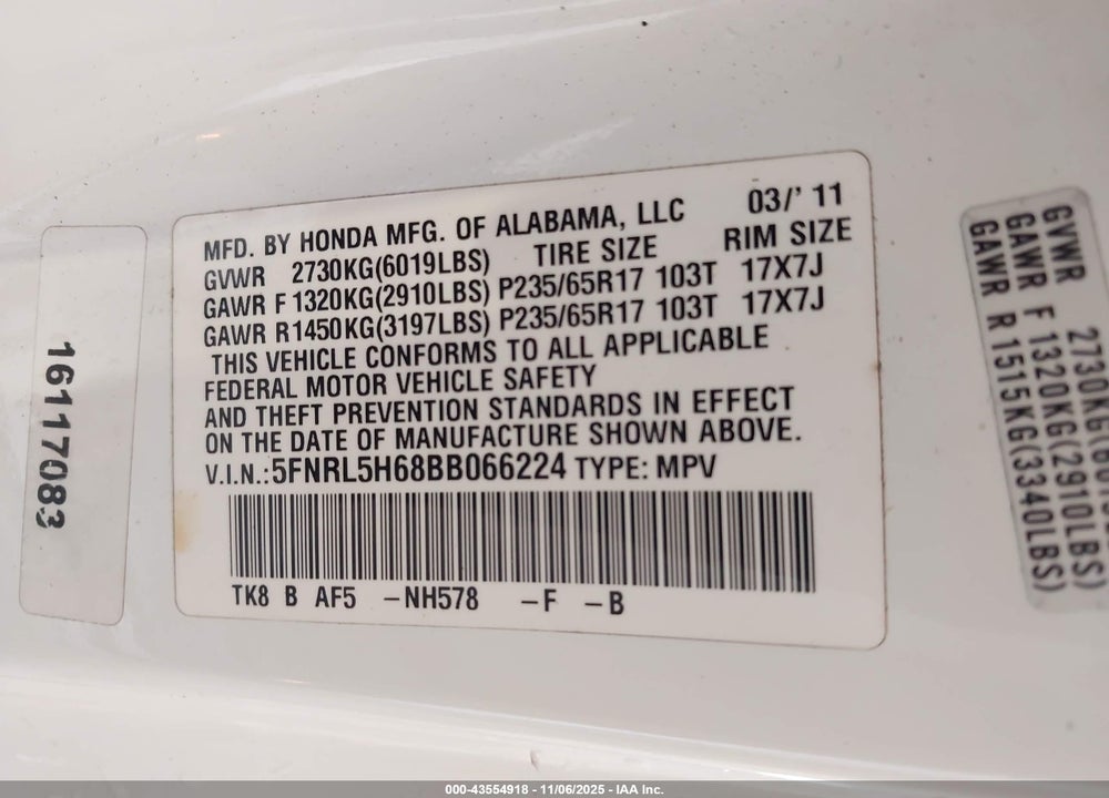 2011 HONDA ODYSSEY EX-L VIN: 5FNRL5H68BB066224