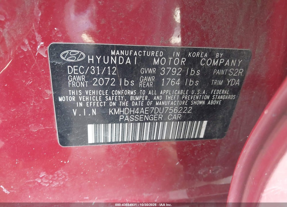 2013 HYUNDAI ELANTRA GLS VIN: KMHDH4AE7DU756222