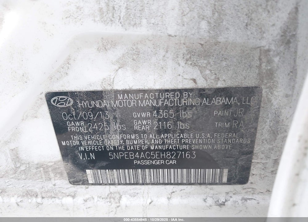 2014 HYUNDAI SONATA VIN: 5NPEB4AC5EH827163