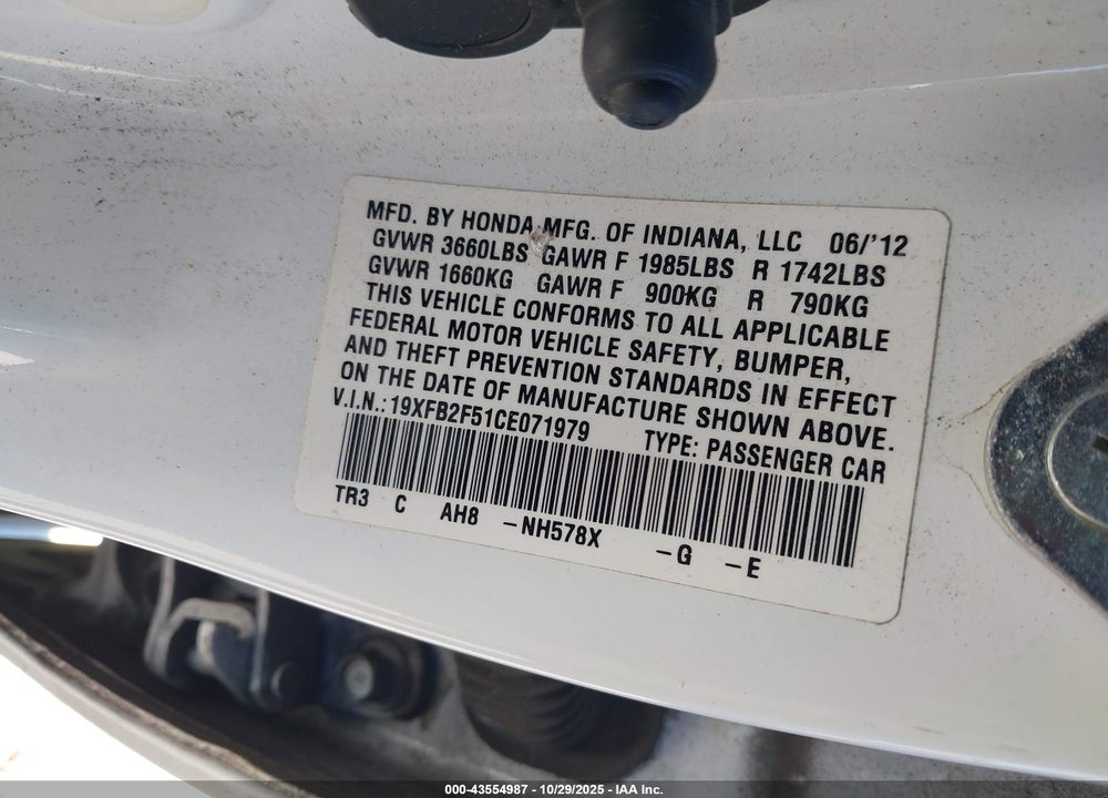 2012 HONDA CIVIC LX VIN: 19XFB2F51CE071979