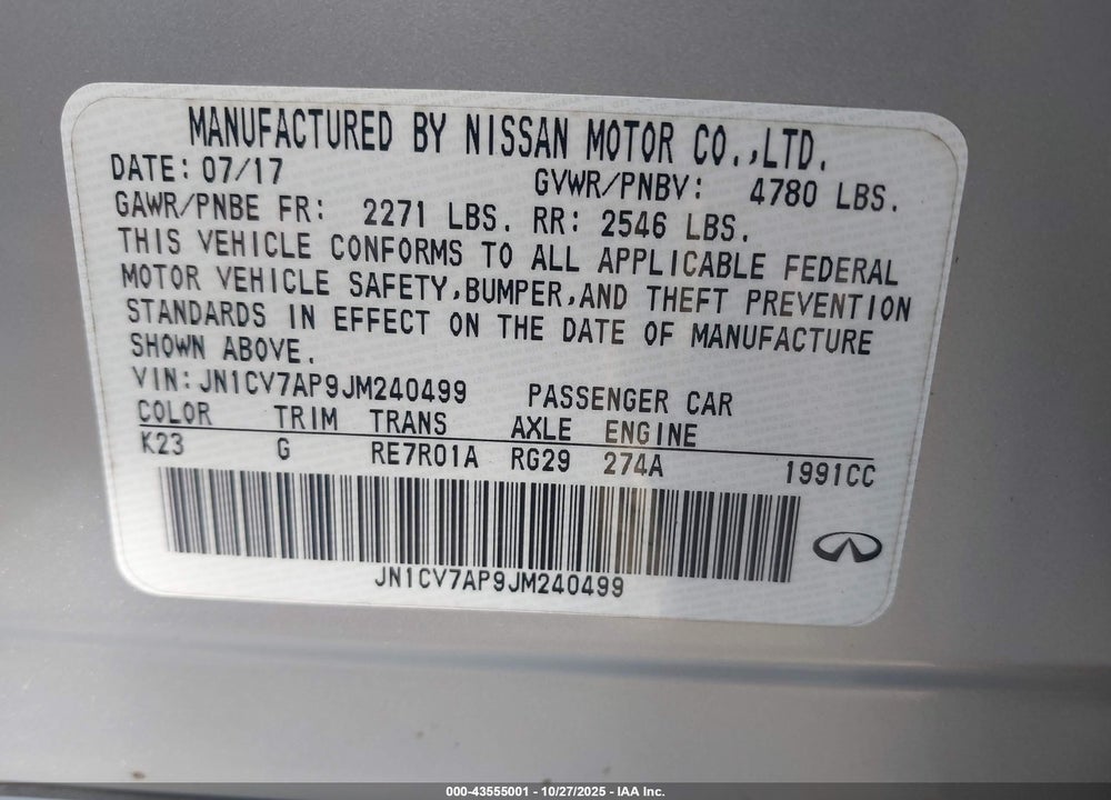 2018 INFINITI Q50 VIN: JN1CV7AP9JM240499