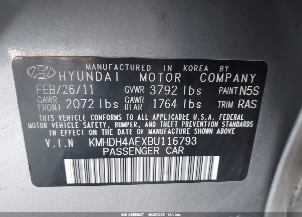 2011 HYUNDAI ELANTRA VIN: KMHDH4AEXBU116793