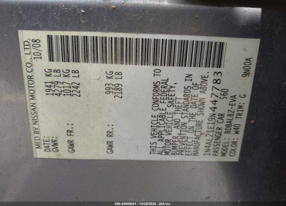2009 NISSAN ALTIMA 2.5 S VIN: 1N4AL21E19N447783