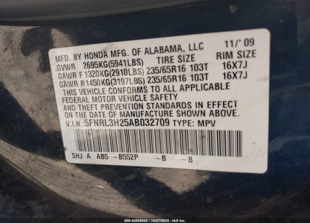 2010 HONDA ODYSSEY LX VIN: 5FNRL3H25AB032709