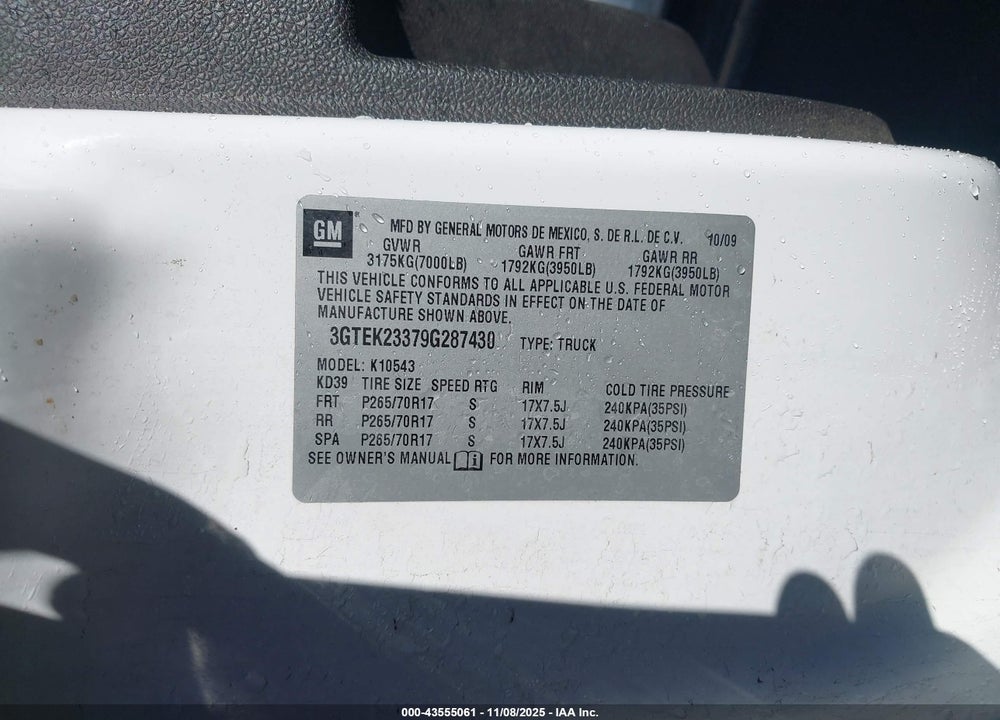 2009 GMC SIERRA 1500 SLE VIN: 3GTEK23379G287430