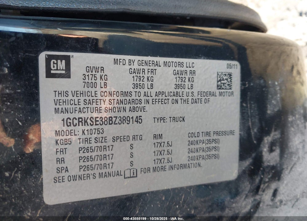 2011 CHEVROLET SILVERADO 1500 LT VIN: 1GCRKSE38BZ389145
