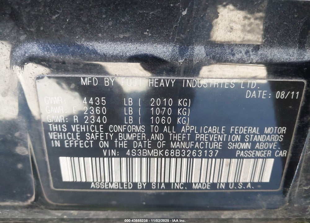 2011 SUBARU LEGACY 2.5I LIMITED VIN: 4S3BMBK68B3263137