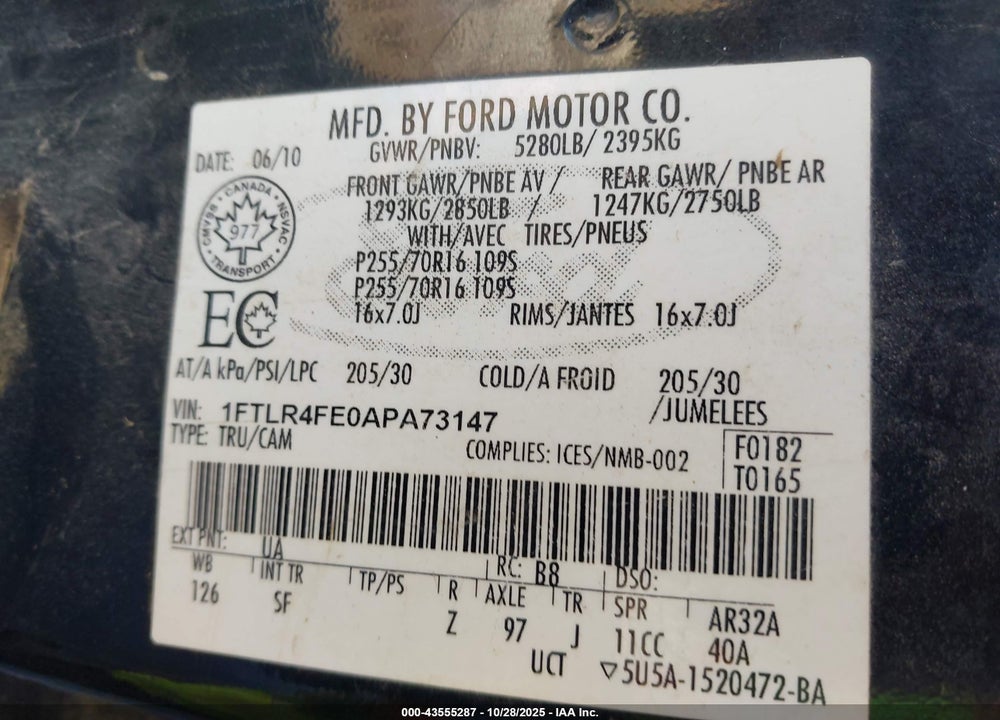 2010 FORD RANGER SPORT/XLT VIN: 1FTLR4FE0APA73147