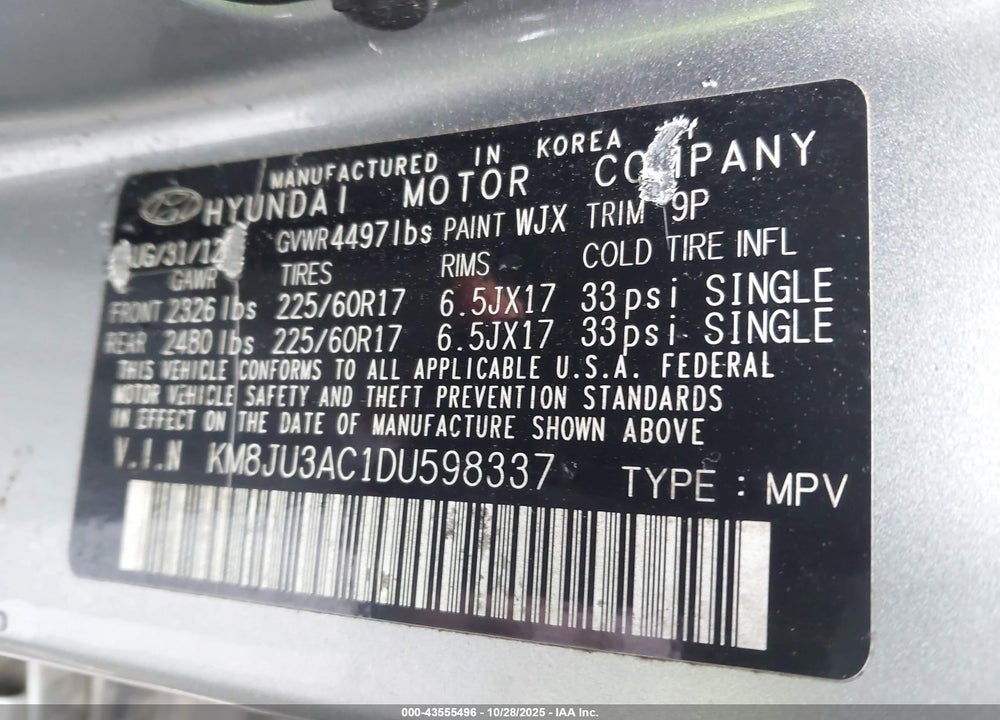 2013 HYUNDAI TUCSON GLS VIN: KM8JU3AC1DU598337