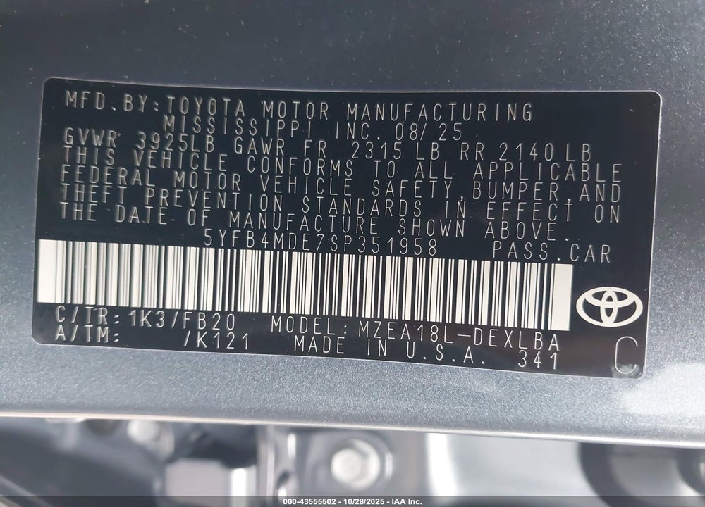 2025 TOYOTA COROLLA LE VIN: 5YFB4MDE7SP351958