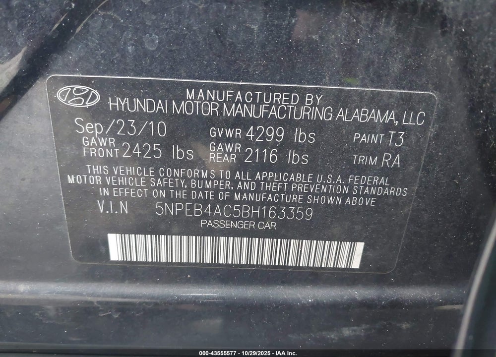 2011 HYUNDAI SONATA VIN: 5NPEB4AC5BH163359