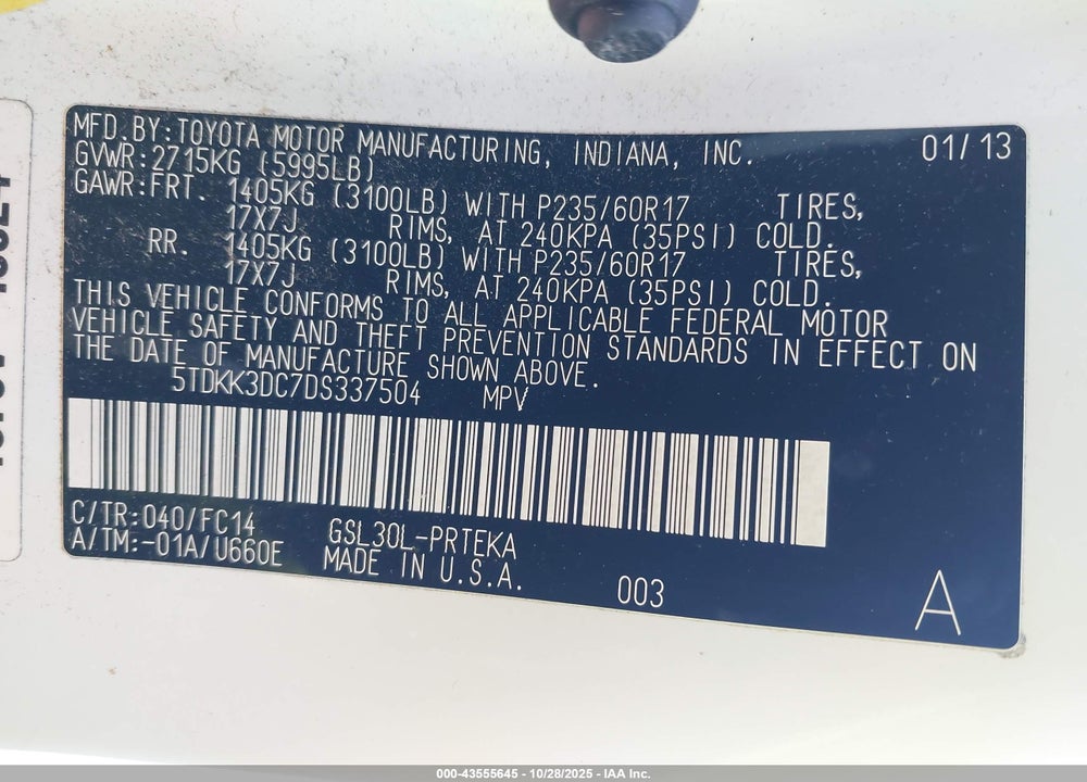 2013 TOYOTA SIENNA LE V6 8 PASSENGER VIN: 5TDKK3DC7DS337504