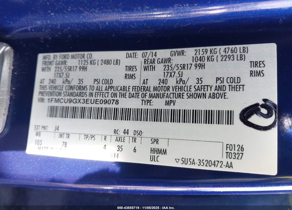 2014 FORD ESCAPE SE VIN: 1FMCU9GX3EUE09078