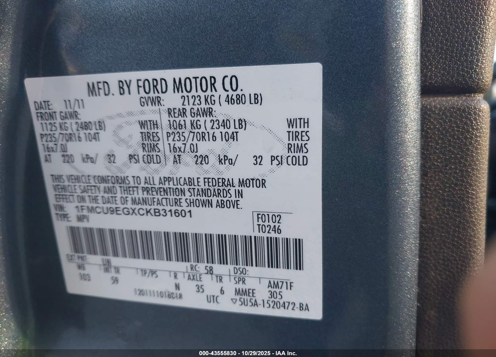 2012 FORD ESCAPE LIMITED VIN: 1FMCU9EGXCKB31601