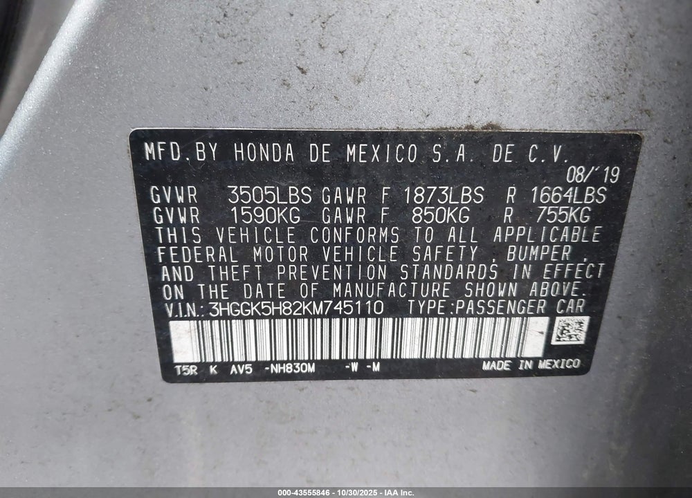 2019 HONDA FIT EX VIN: 3HGGK5H82KM745110