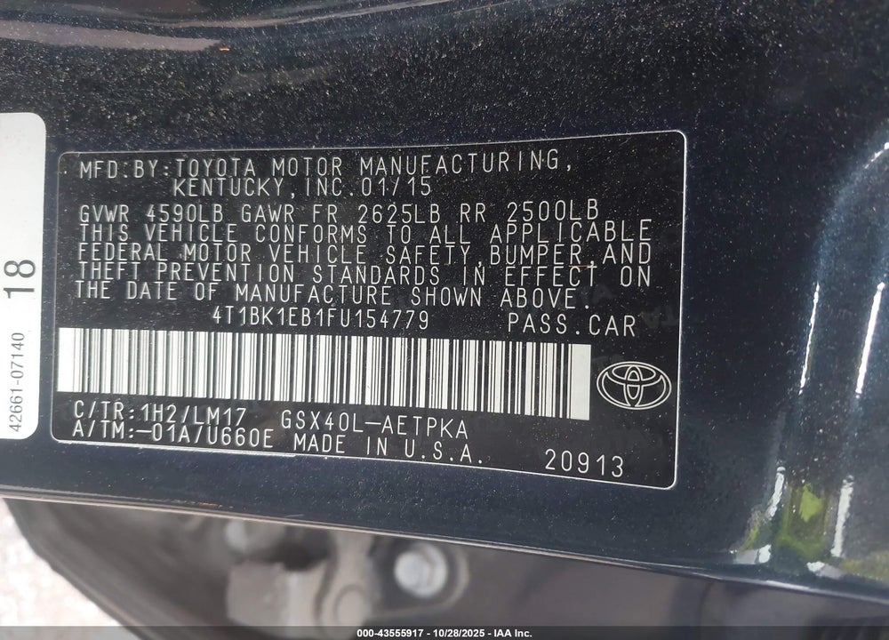 2015 TOYOTA AVALON LIMITED VIN: 4T1BK1EB1FU154779