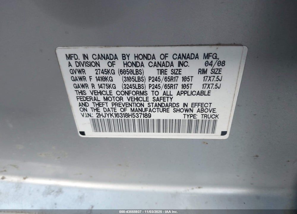 2008 HONDA RIDGELINE VIN: 2HJYK16318H537189