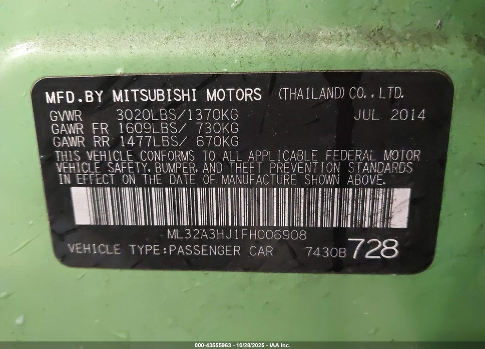 2015 MITSUBISHI MIRAGE DE VIN: ML32A3HJ1FH006908