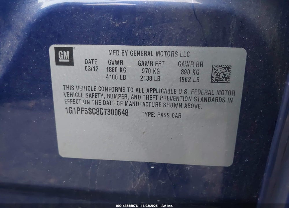 2012 CHEVROLET CRUZE VIN: 1G1PF5SC8C7300648