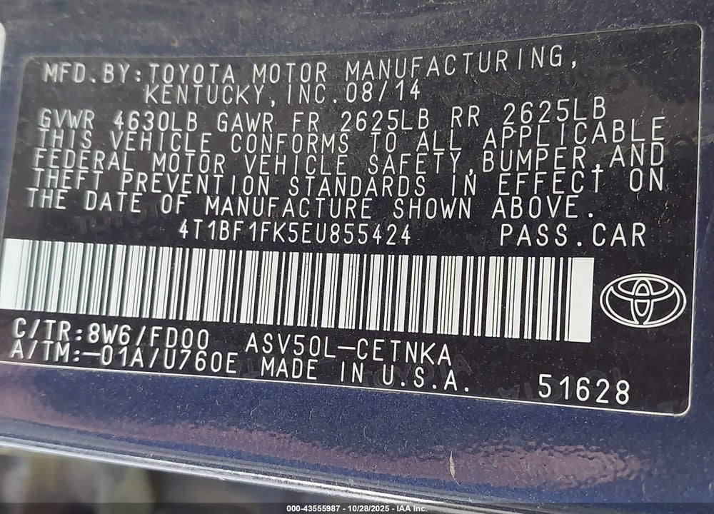 2014 TOYOTA CAMRY LE VIN: 4T1BF1FK5EU855424