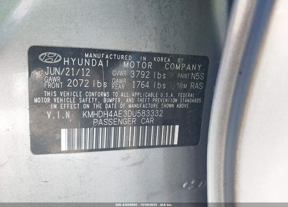 2013 HYUNDAI ELANTRA VIN: KMHDH4AE3DU583332