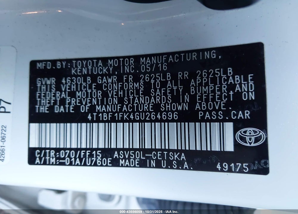 2016 TOYOTA CAMRY SE VIN: 4T1BF1FK4GU264696