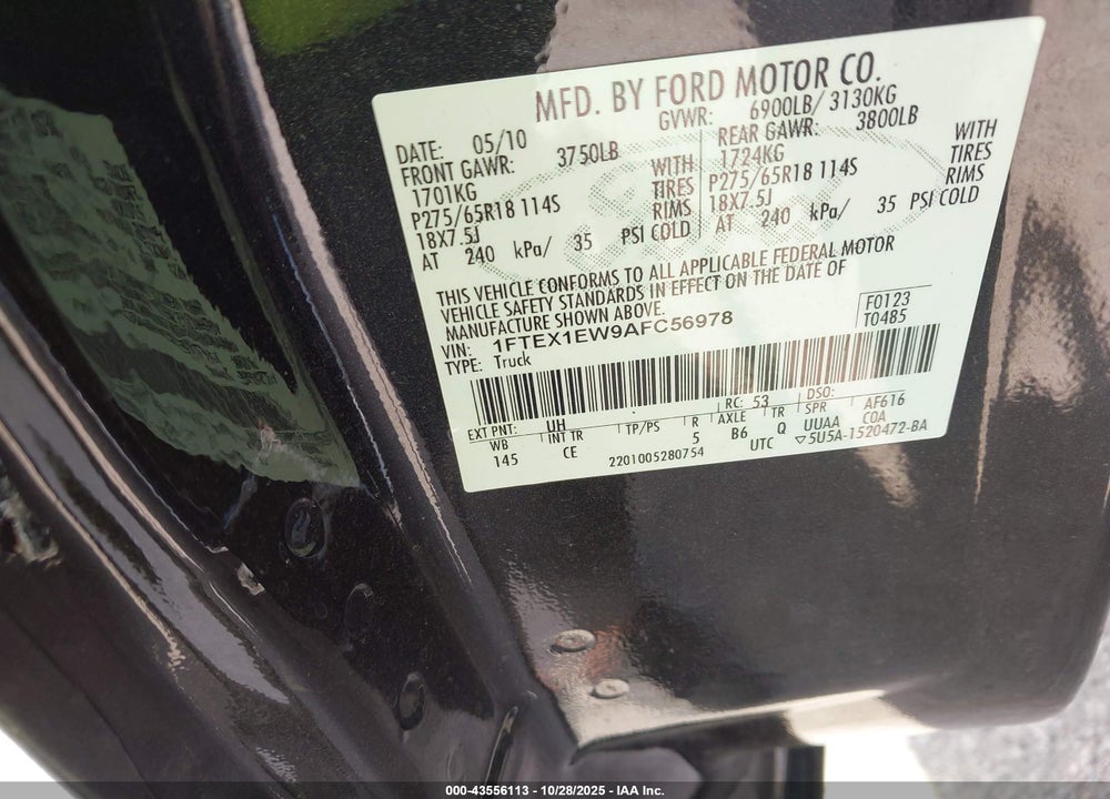 2010 FORD F-150 STX/XL VIN: 1FTEX1EW9AFC56978