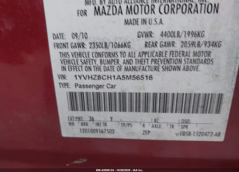 2010 MAZDA 6 VIN: 1YVHZ8CH1A5M56516