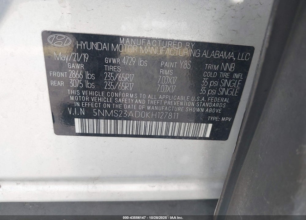 2019 HYUNDAI SANTA FE SE VIN: 5NMS23AD0KH127811