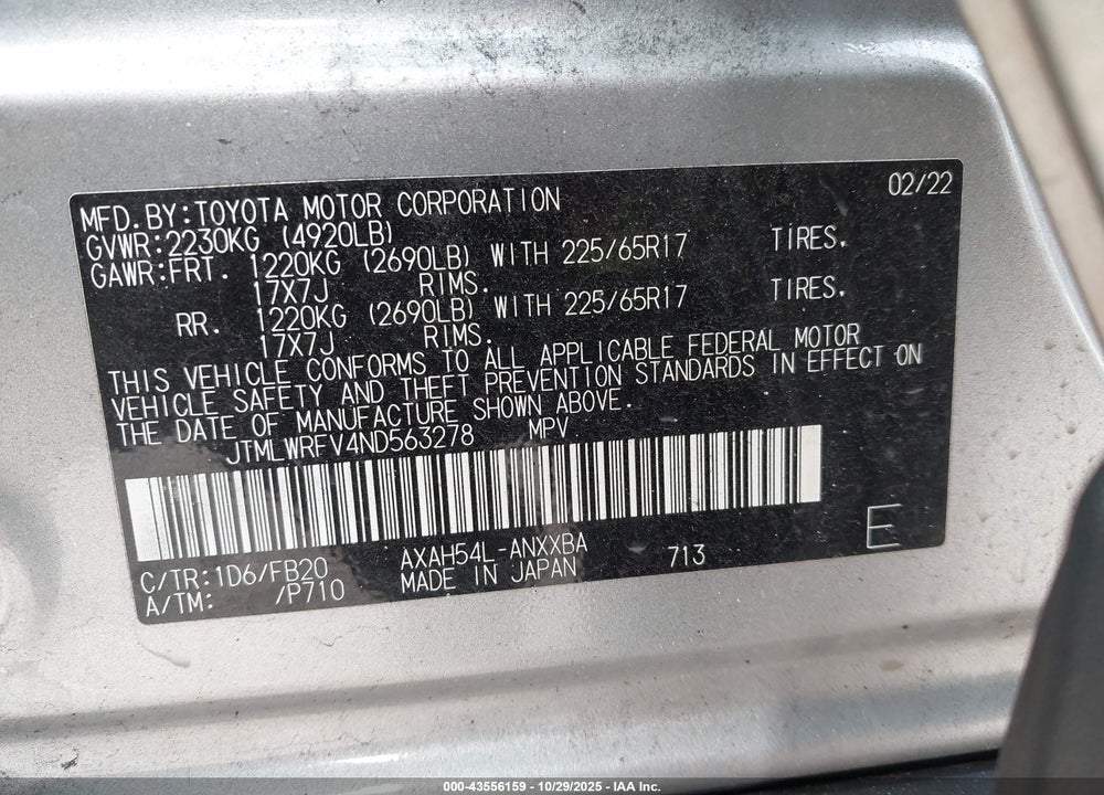 2022 TOYOTA RAV4 HYBRID LE VIN: JTMLWRFV4ND563278
