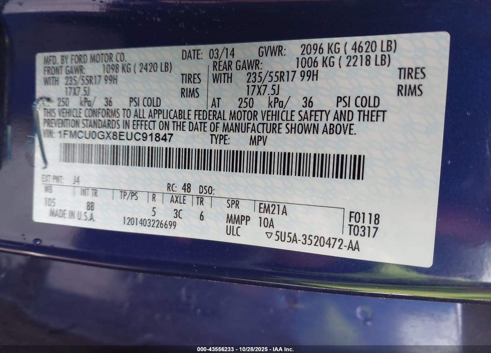 2014 FORD ESCAPE VIN: 1FMCU0GX8EUC91847