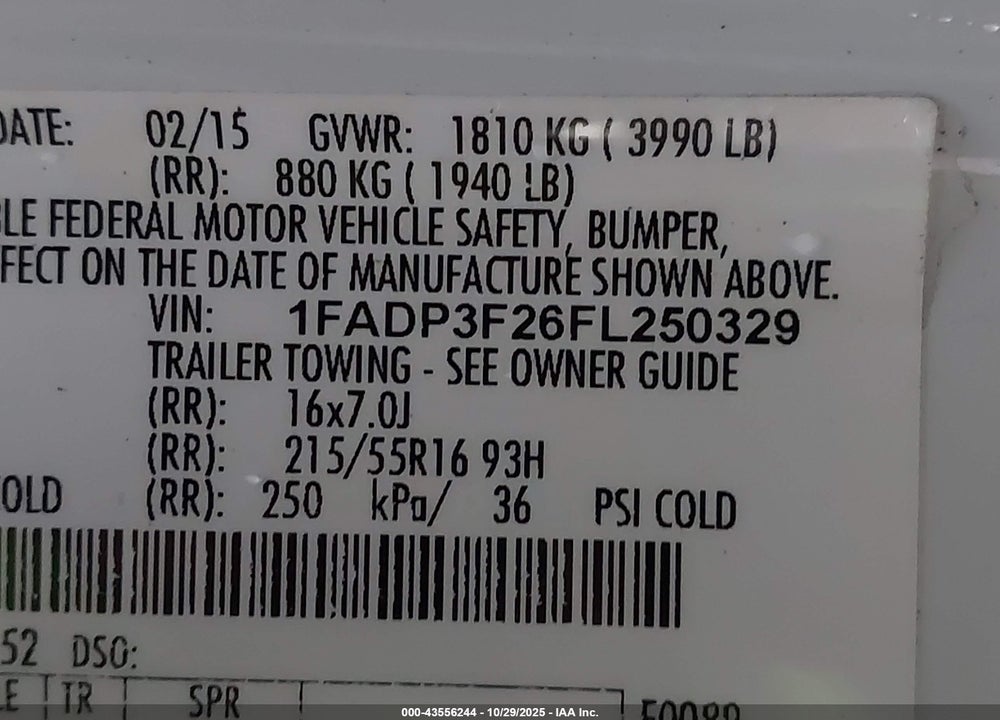 2015 FORD FOCUS VIN: 1FADP3F26FL250329