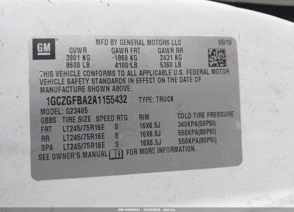 2010 CHEVROLET EXPRESS 2500 WORK VAN VIN: 1GCZGFBA2A1155432