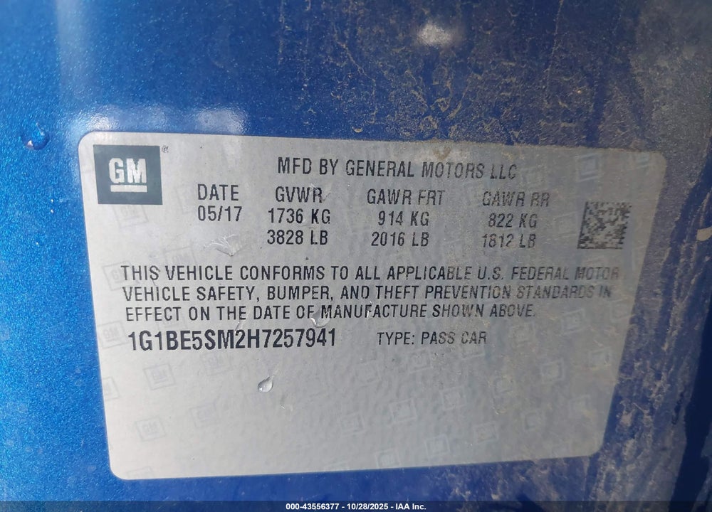 2017 CHEVROLET CRUZE VIN: 1G1BE5SM2H7257941