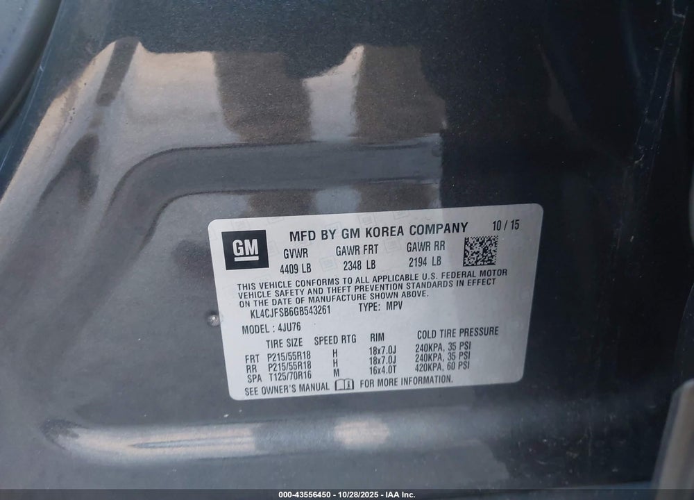 2016 BUICK ENCORE CONVENIENCE VIN: KL4CJFSB6GB543261