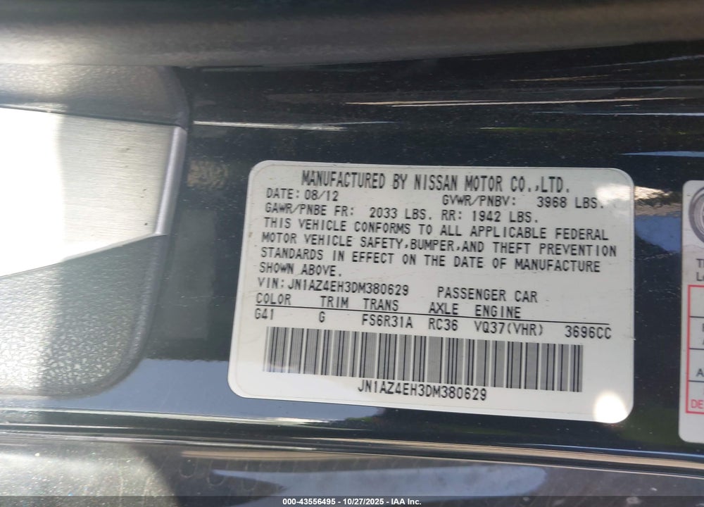 2013 NISSAN 370Z VIN: JN1AZ4EH3DM380629